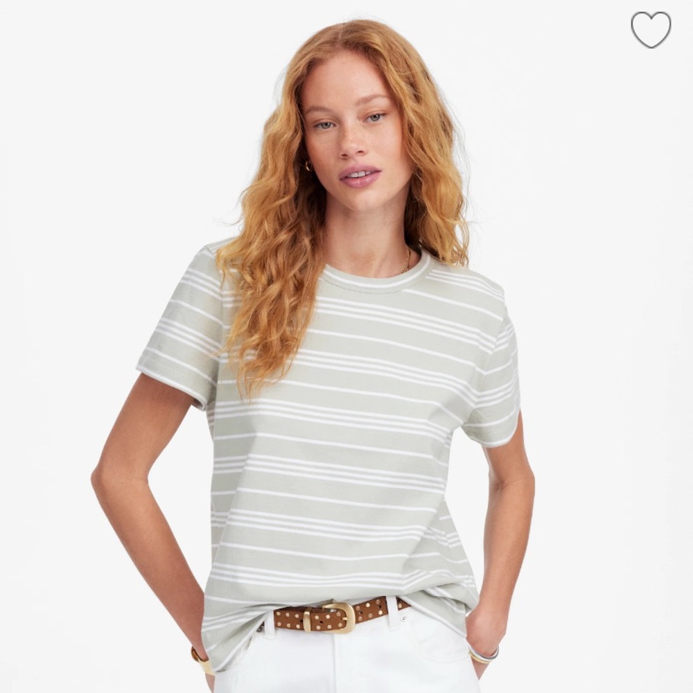 NWT Madewell Cotton Perfect Crewneck Sage and White Striped Tee.